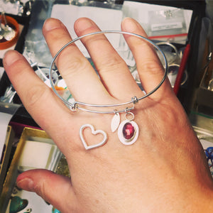 Handmade Original Sin Jewelry Expandable Sterling Silver Bracelet with Heart charm and Rhodolite Garnet