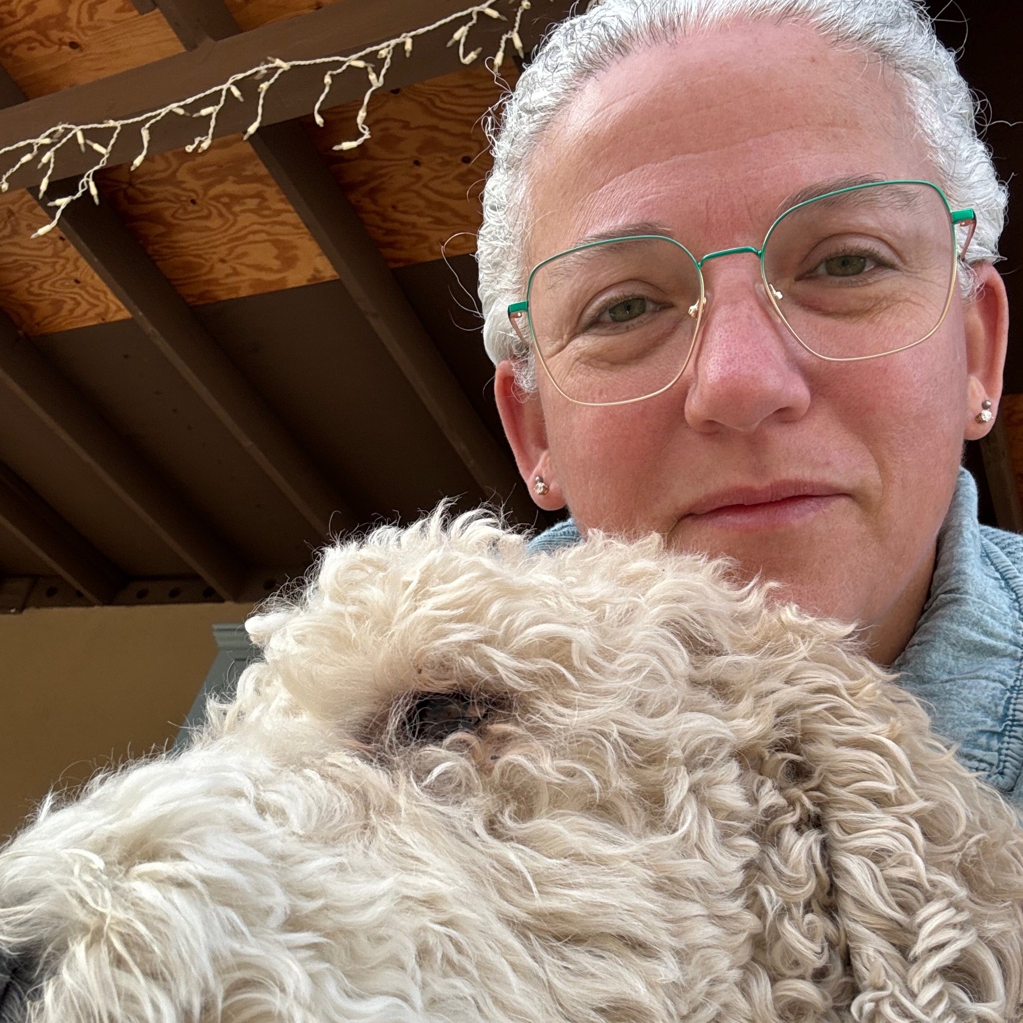 Artist Margaret Aden with Finn (who is blind during the day)