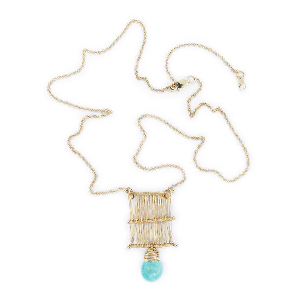 14 k Gold Woven Tapestry Necklace with Sleeping Beauty Turquoise
