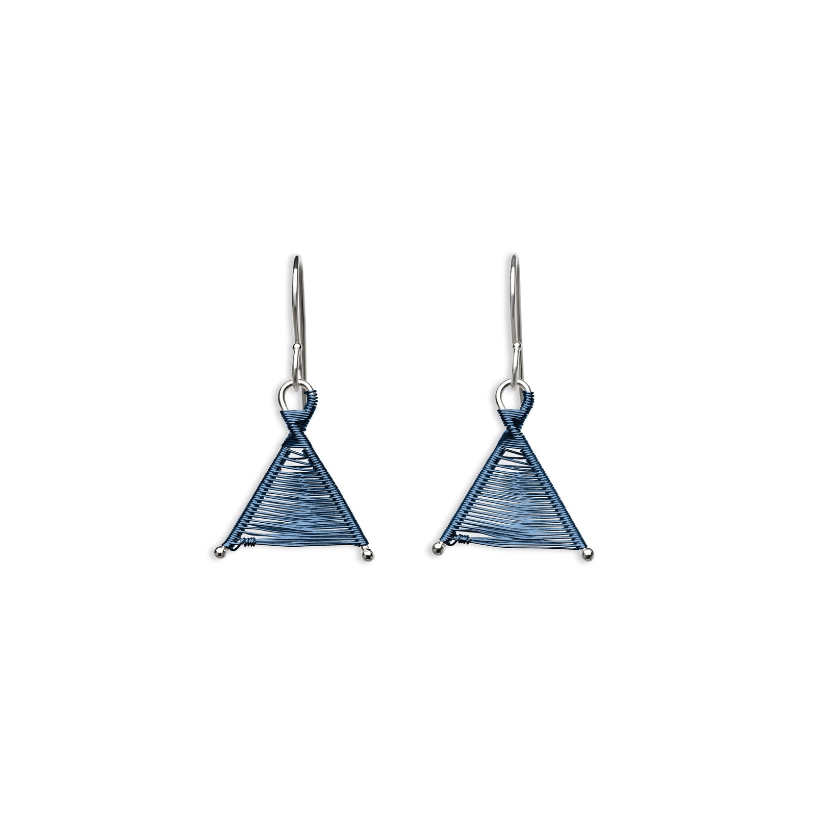 Original Sin Jewelry's Woven Wishbone Silver and Dark Blue Colored Copper Wire Tiny Dangle Mixed Metal Earrings