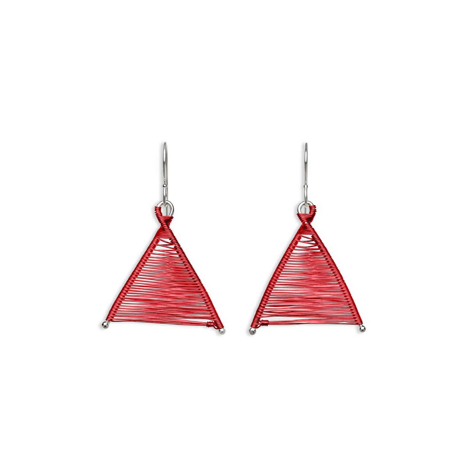 Original Sin Jewelry's Handmade Woven Wishbone Red Copper and Silver Dangle Triangle Mixed Metal Earrings