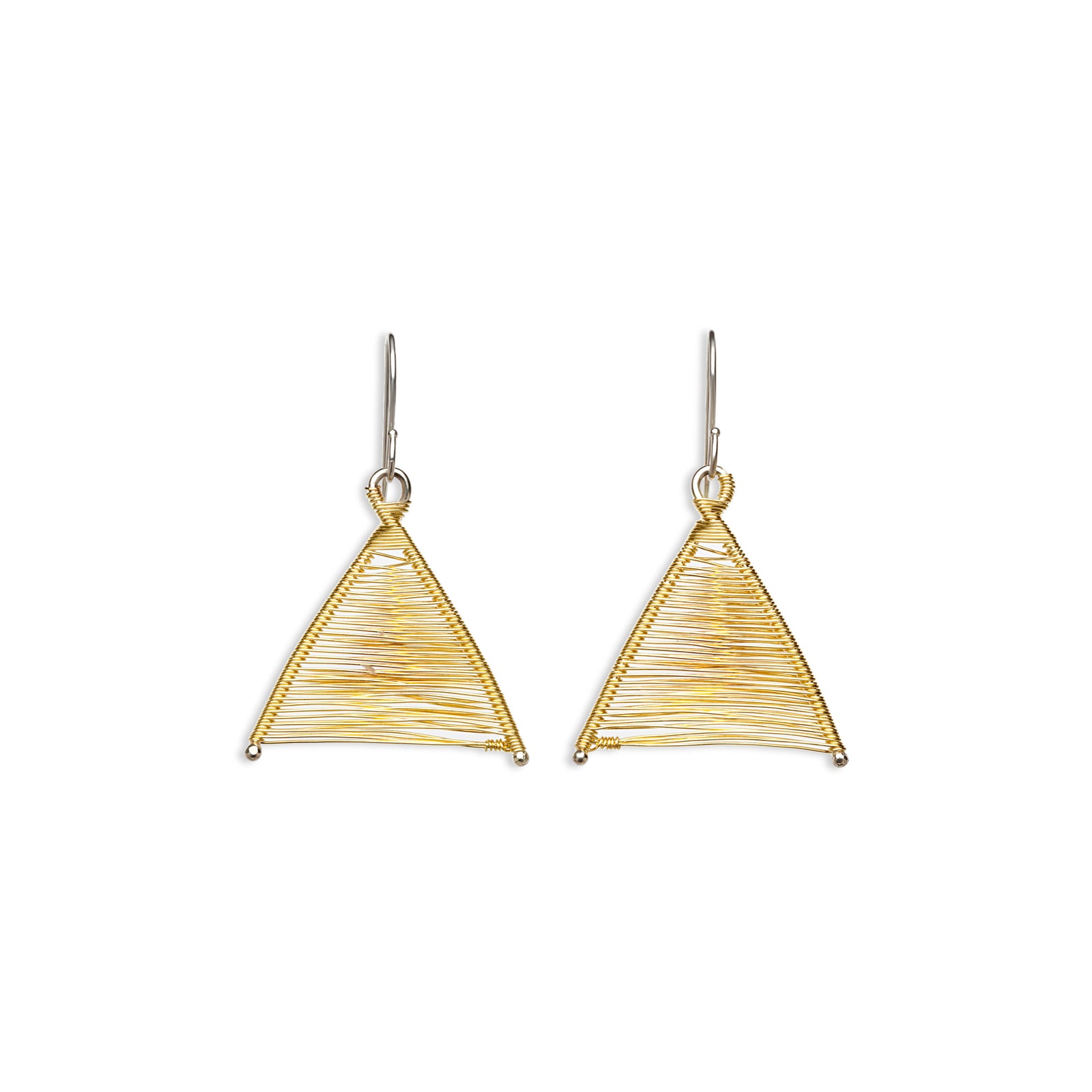 Original Sin Jewelry's Handmade Woven Wishbone Silver and Gold Mixed Metal Dangle Triangle Earrings