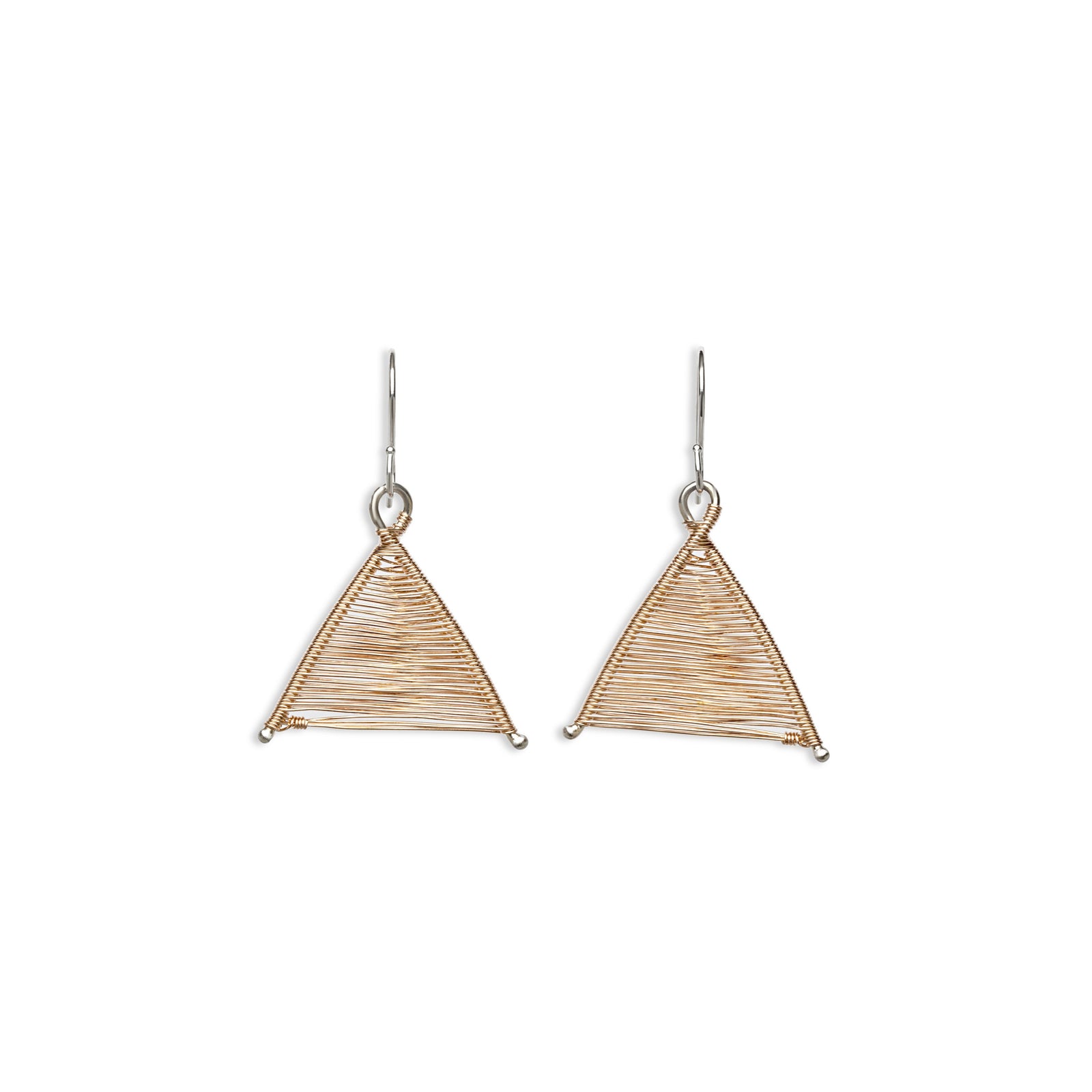 Original Sin Jewelry's Handmade Woven Wishbone Silver and Rose Gold Mixed Metal Dangle Triangle Earrings