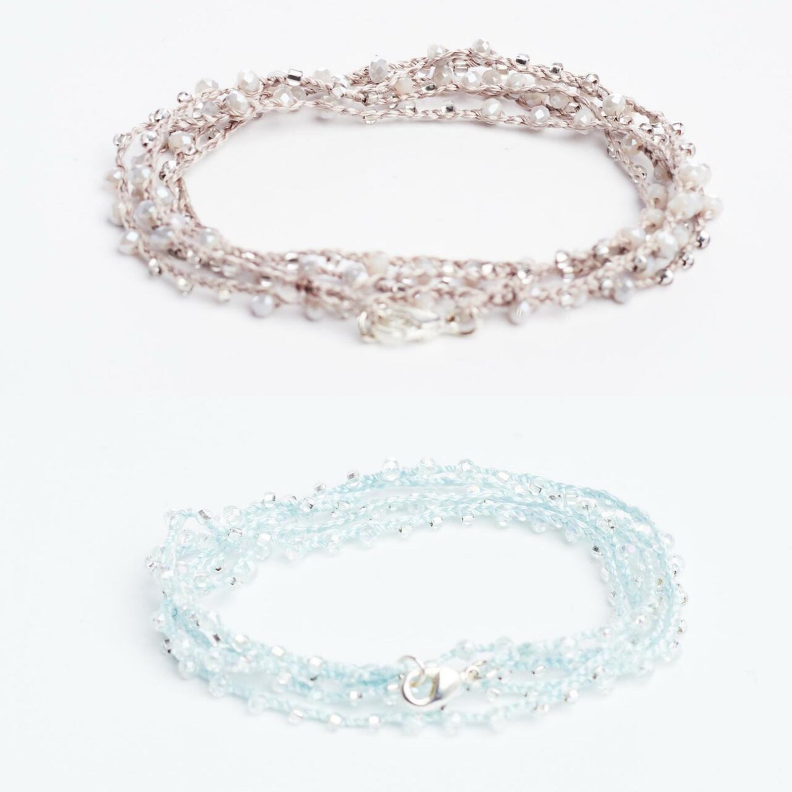 Braided 32" Faceted Beaded Necklaces Silver & Aquamarine