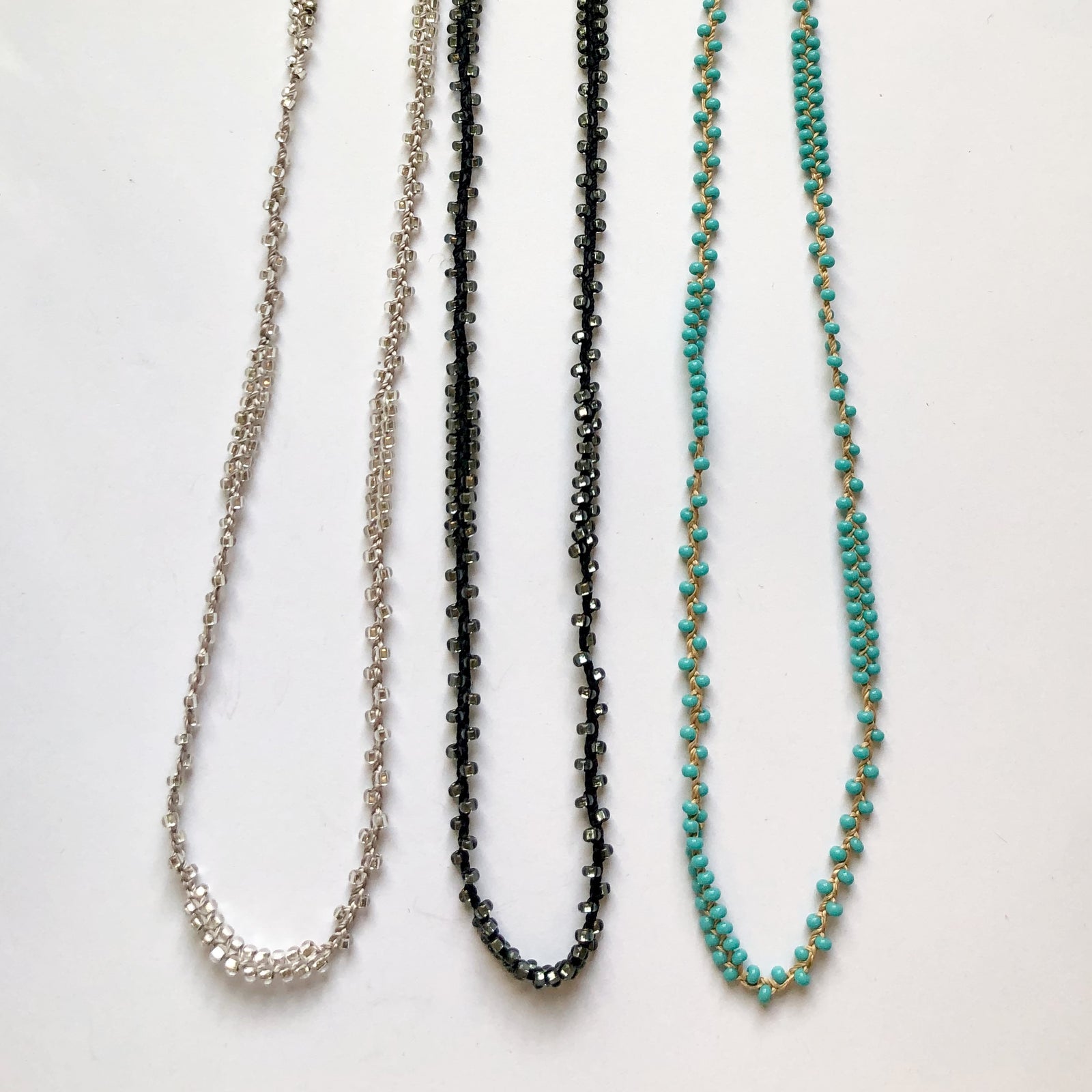 Braided 32" Patterned Beaded Necklaces Silver, Turquoise, & Black