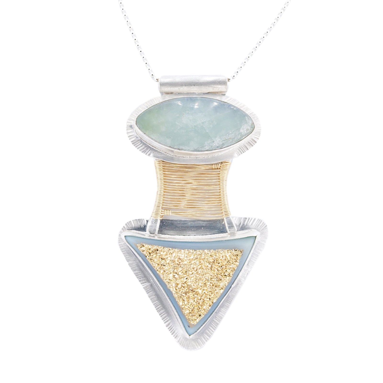 Woven Gold Bridge Pendant with Prehnite and Druze by Original Sin Jewelry