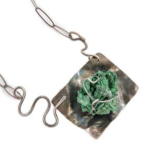 Close Up of Malachite Specimen and Oxidized Silver Necklace by OSJ