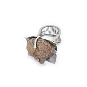 Fossilized Agate Ammonite Ring Oxidized Silver Woven Platform by OSJ in Tucson AZ Industrial Style Sepia Collection