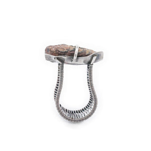 Platform Ring Oxidized Silver woven Band Agate Fossil Ammonite by Jewelry Artist Margaret Aden in Tucson, AZ