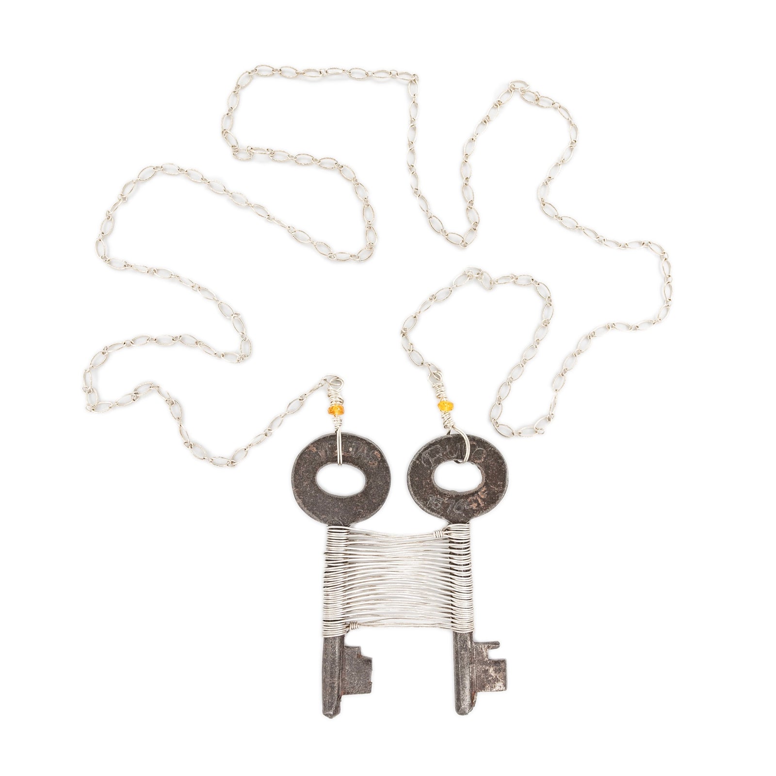 Vintage Skeleton Key Woven Wire Exoskeleton Pendant with Silver Necklace by Original Sin Jewelry Industrial Chic Style Sepia Collection