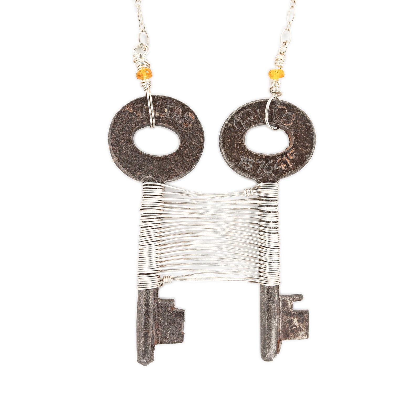 Vintage Skeleton Key Woven Wire Exoskeleton Pendant with Silver Necklace by Original Sin Jewelry Industrial Chic Style Sepia Collection