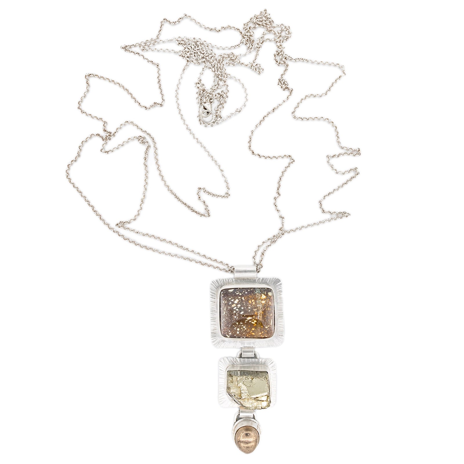 Three Stone Focus Pendant Large Long Silver Necklace by Original Sin Jewelry Industrial Chic Sepia Collection Copper Fire Brick Pyrite Nickeline