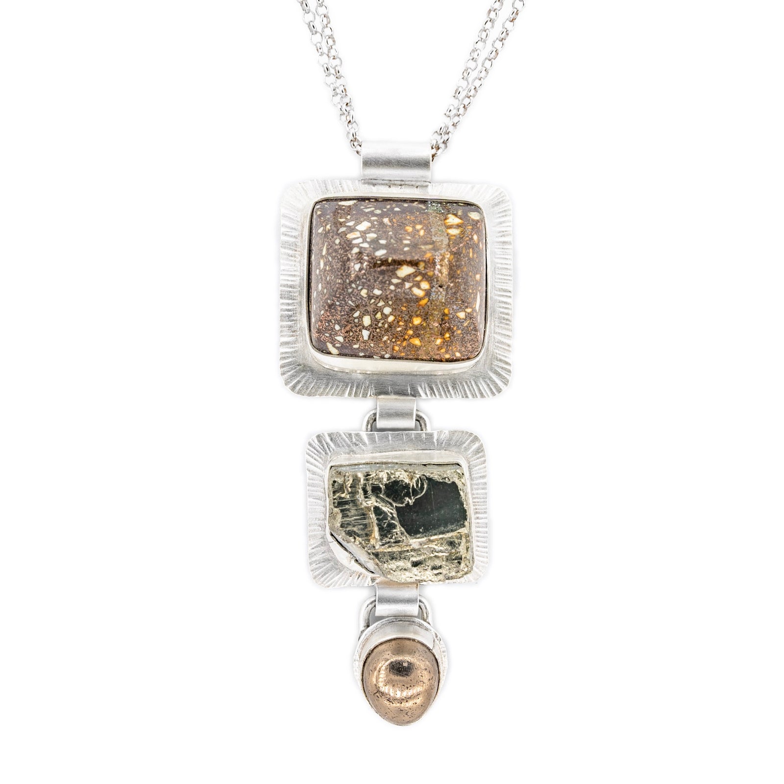 Three Stone Focus Pendant Large Long Silver Necklace by Original Sin Jewelry Industrial Chic Sepia Collection Copper Fire Brick Pyrite Nickeline