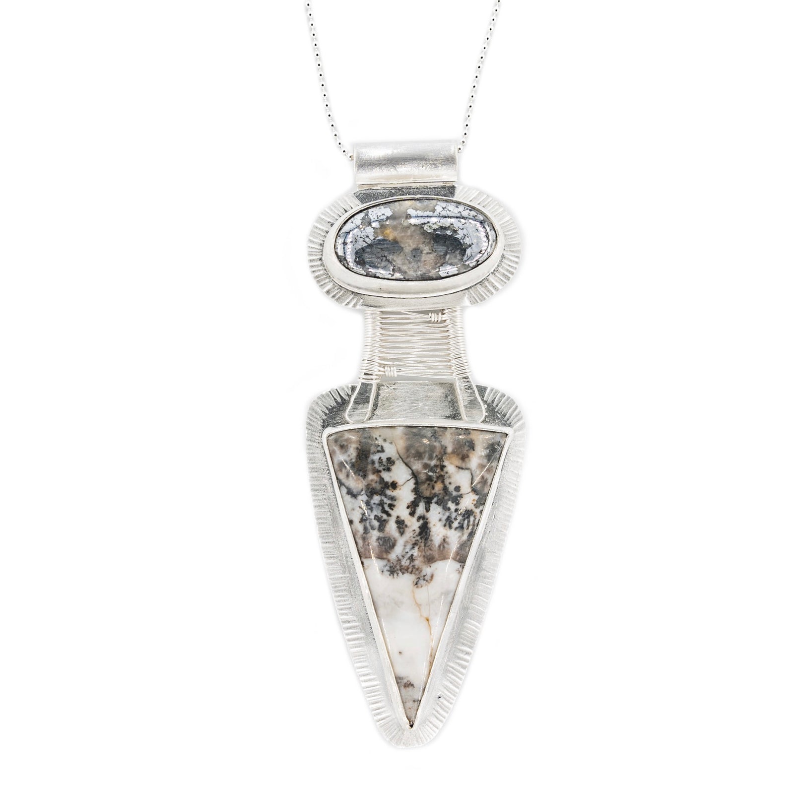 Two Stone Pendant with Native Silver and Dendritic Agate Bridge Necklace by Original Sin Jewelry Sepia tones Industrial Chic
