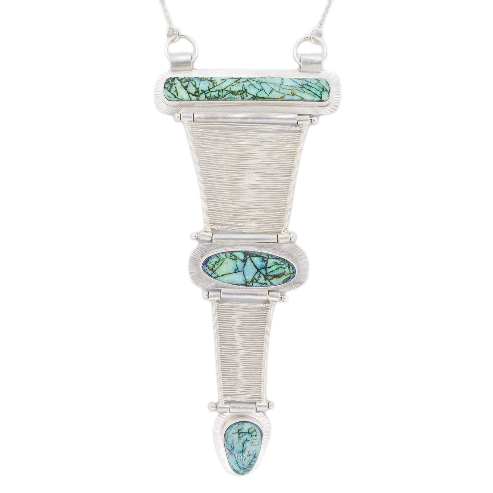three opals green gold black with woven silver hinged Bridge style pendant by Original Sin Jewelry