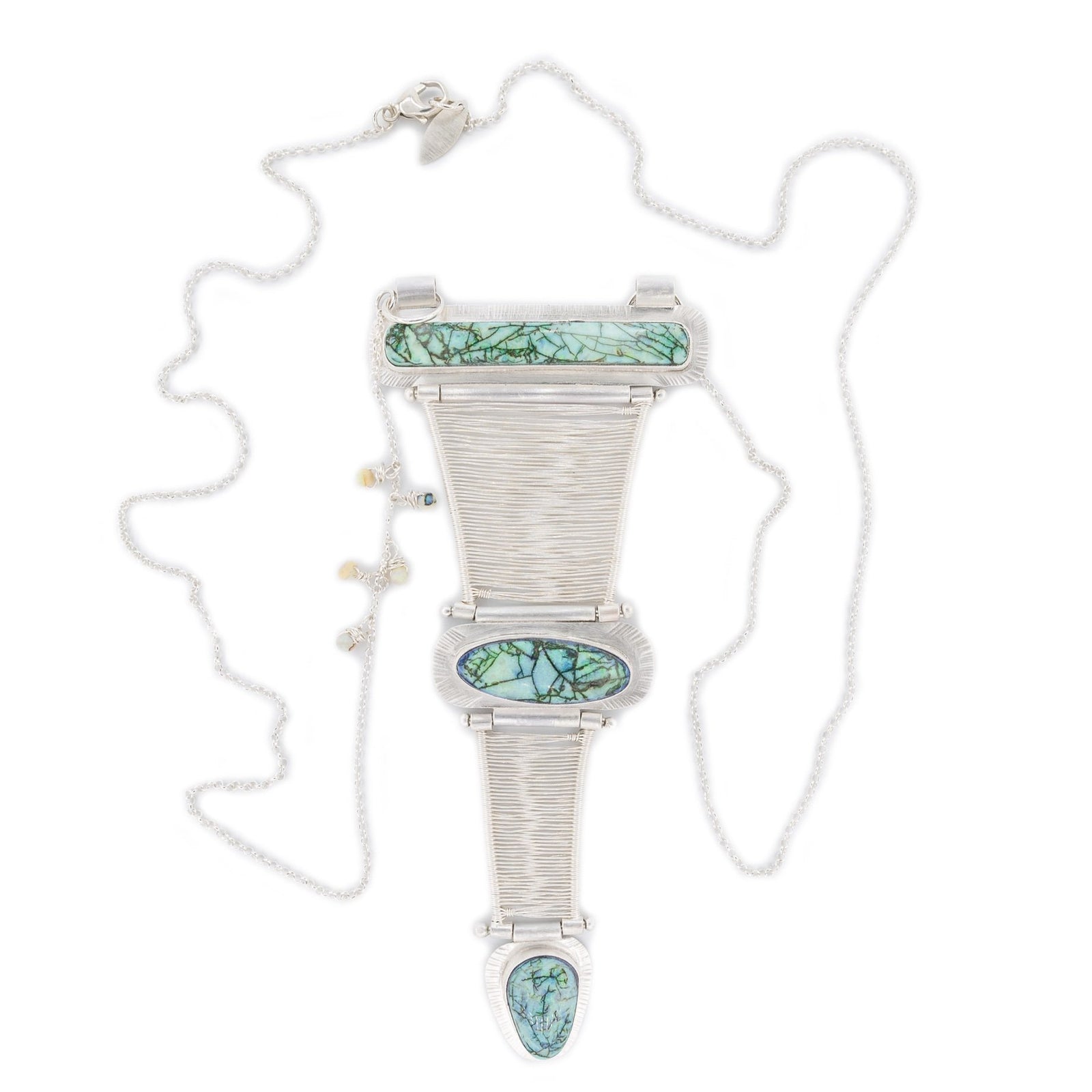 three opals green gold black with woven silver hinged Bridge style pendant by Original Sin Jewelry