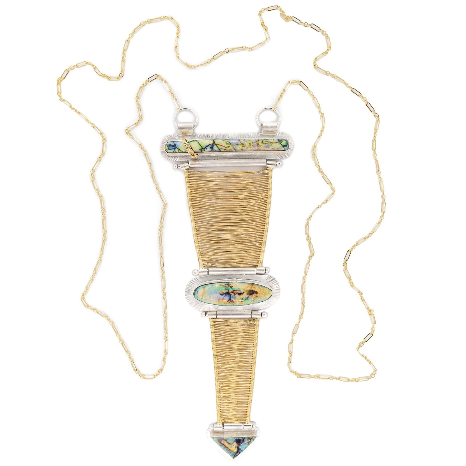 triple play three opals in gold yellow cream purple with woven gold wire hinged kinetic necklace long gold chain by Original Sin Jewelry 