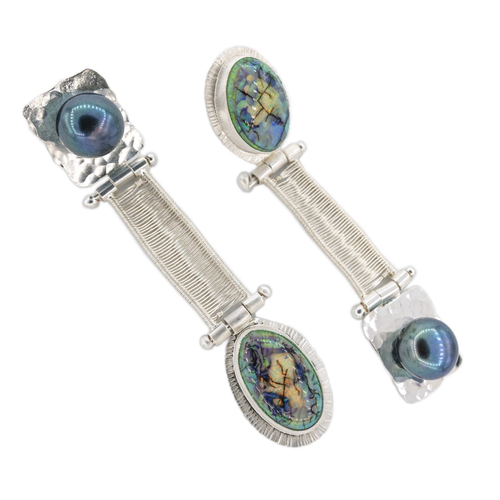 Opal and Pearl Woven Fine Silver Topsy Turvy Earrings by Original Sin Jewelry