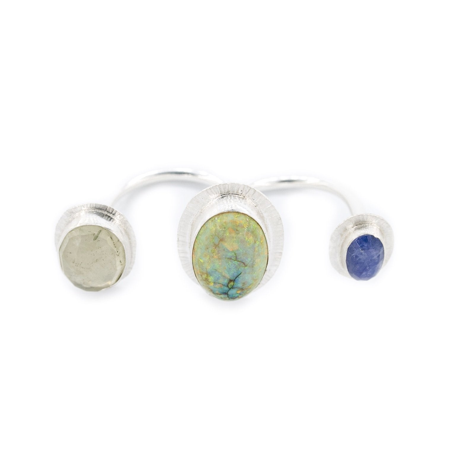 opal heliodor tanzanite three stone two finger ring in silver by Original Sin Jewelry