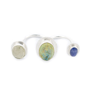 fine silver three stone hand textured ring by Original Sin Jewelry with Opal Tanzanite and Heliodor