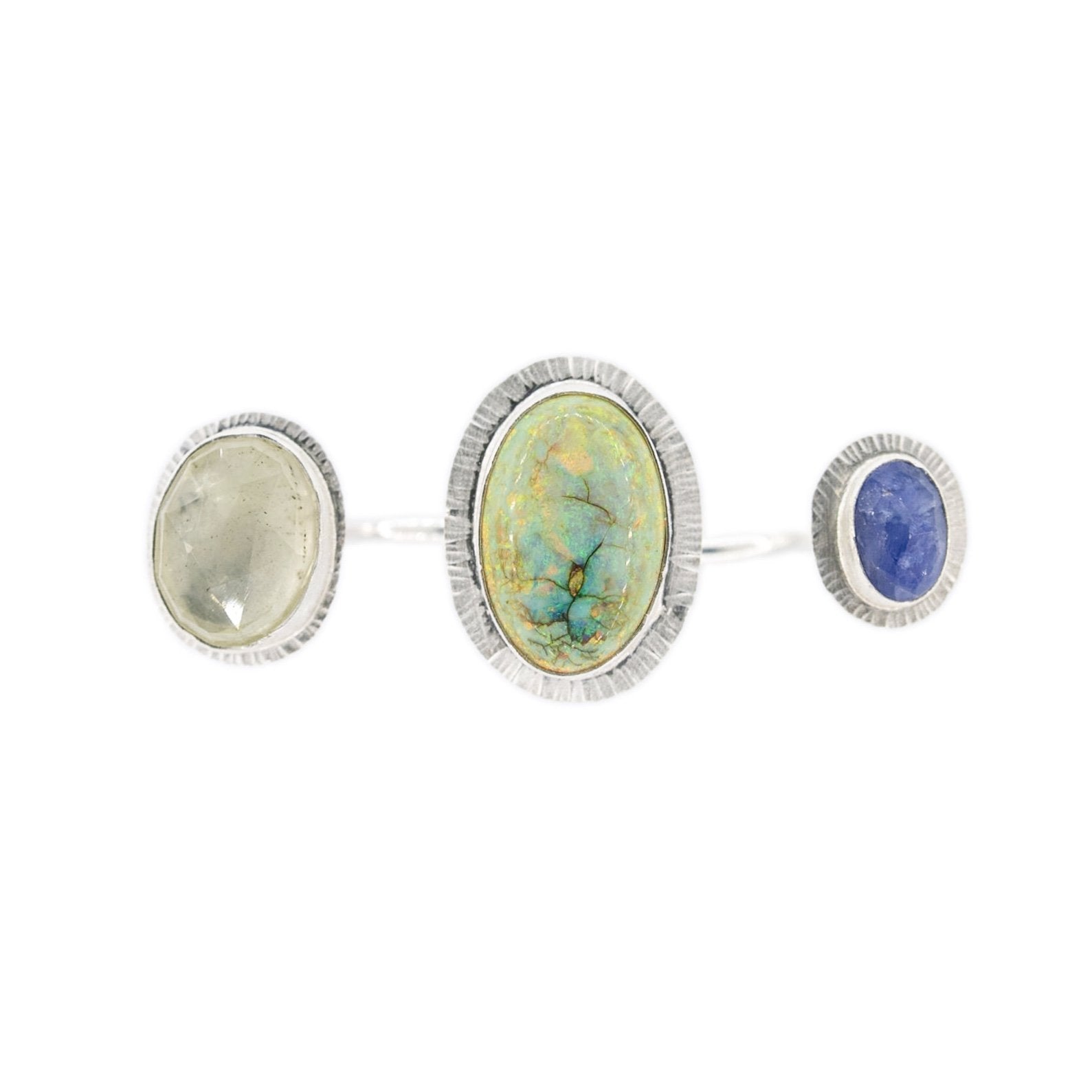 opal heliodor tanzanite three stone two finger ring in silver by Original Sin Jewelry
