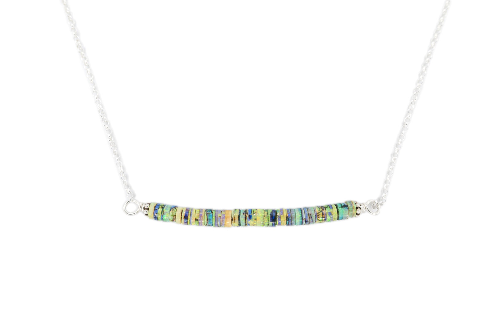 Simple modern minimalist opal rondel bar necklace Balance by Original Sin Jewelry in Tucson AZ