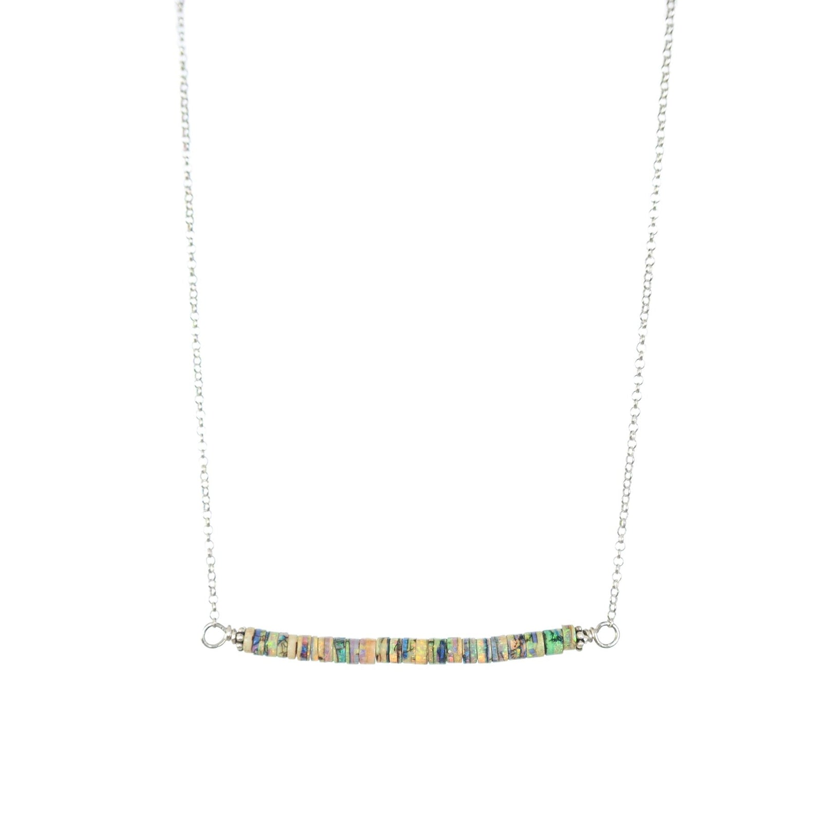 Simple modern minimalist opal rondel bar necklace Balance by Original Sin Jewelry in Tucson AZ