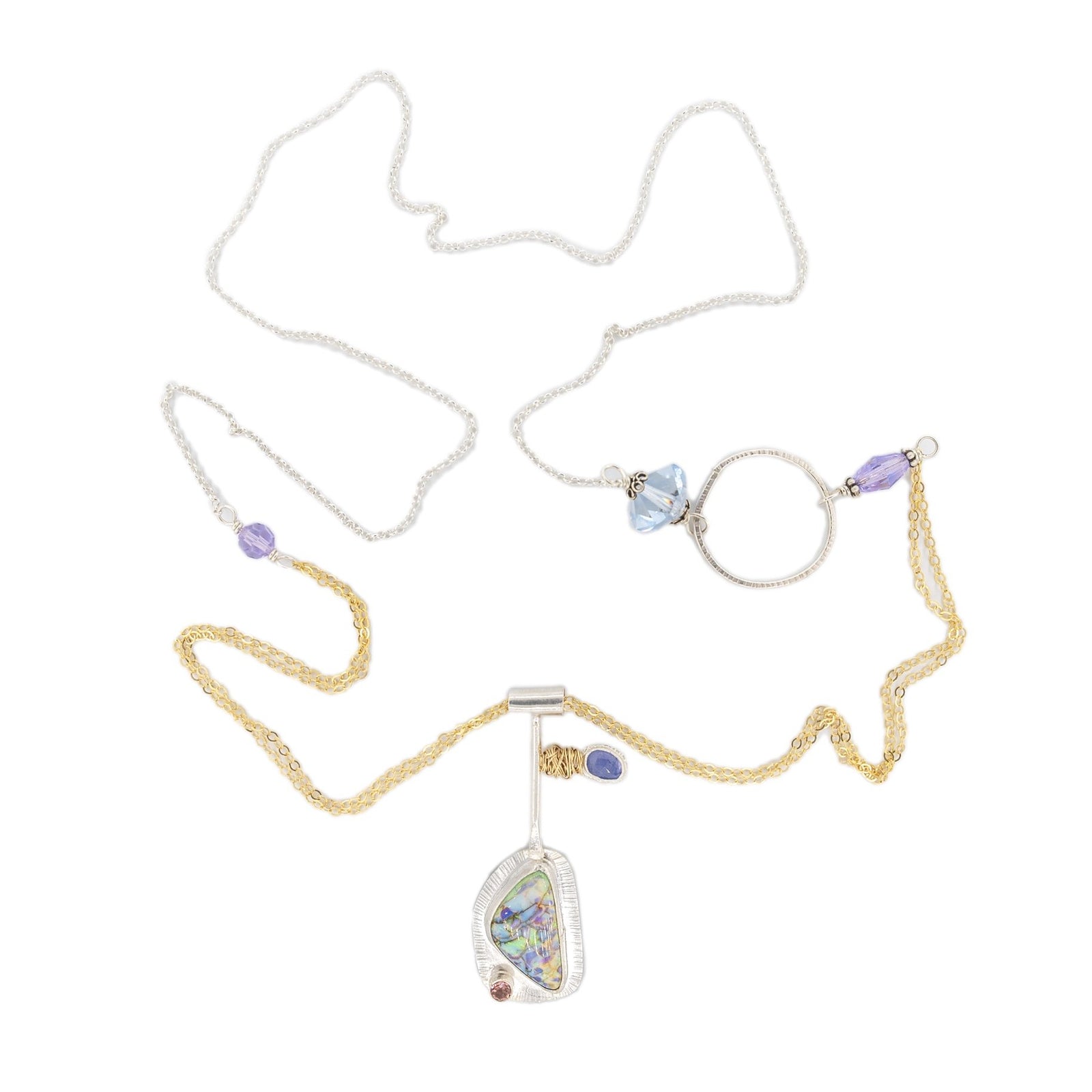 opal tourmaline tanzanite fine silver pendant with gold wire nest on long mixed metal chain by Original Sin Jewelry