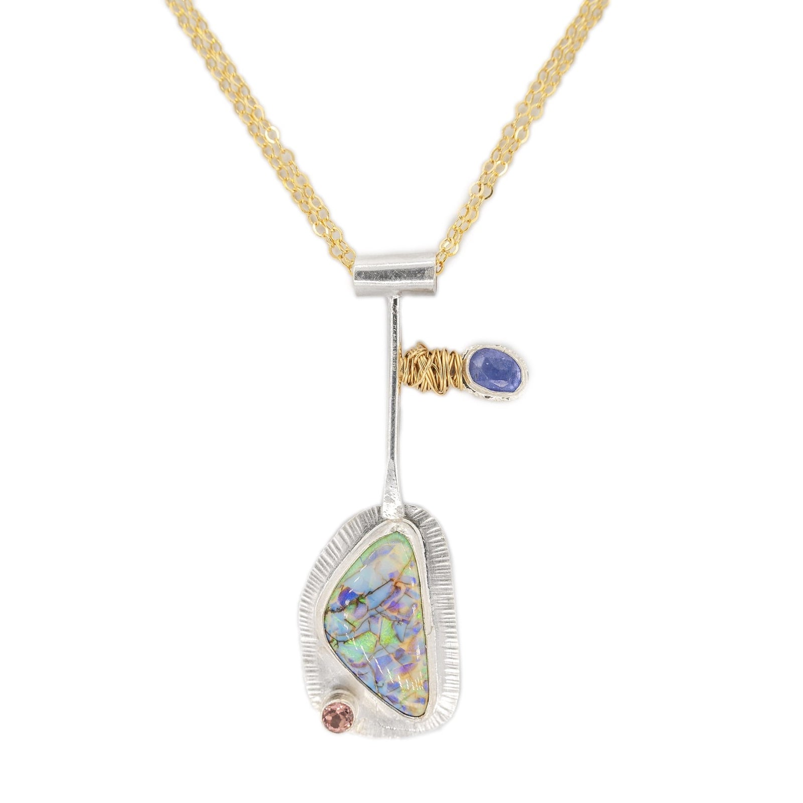 opal tourmaline tanzanite fine silver pendant with gold wire nest on long mixed metal chain by Original Sin Jewelry
