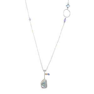 Long silver and gold necklace with vintage Swarovski crystals and opal tanzanite pink tourmaline pendant set in silver by Original Sin Jewelry
