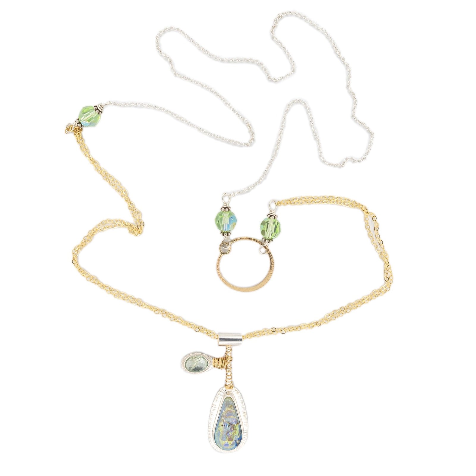 opal and heliodor silver pendant with gold wire accent on mixed metal long chain by Original Sin Jewelry