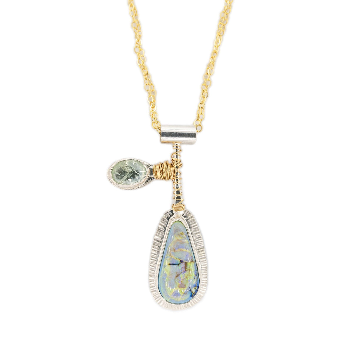 opal and heliodor silver pendant with gold wire accent on mixed metal long chain by Original Sin Jewelry