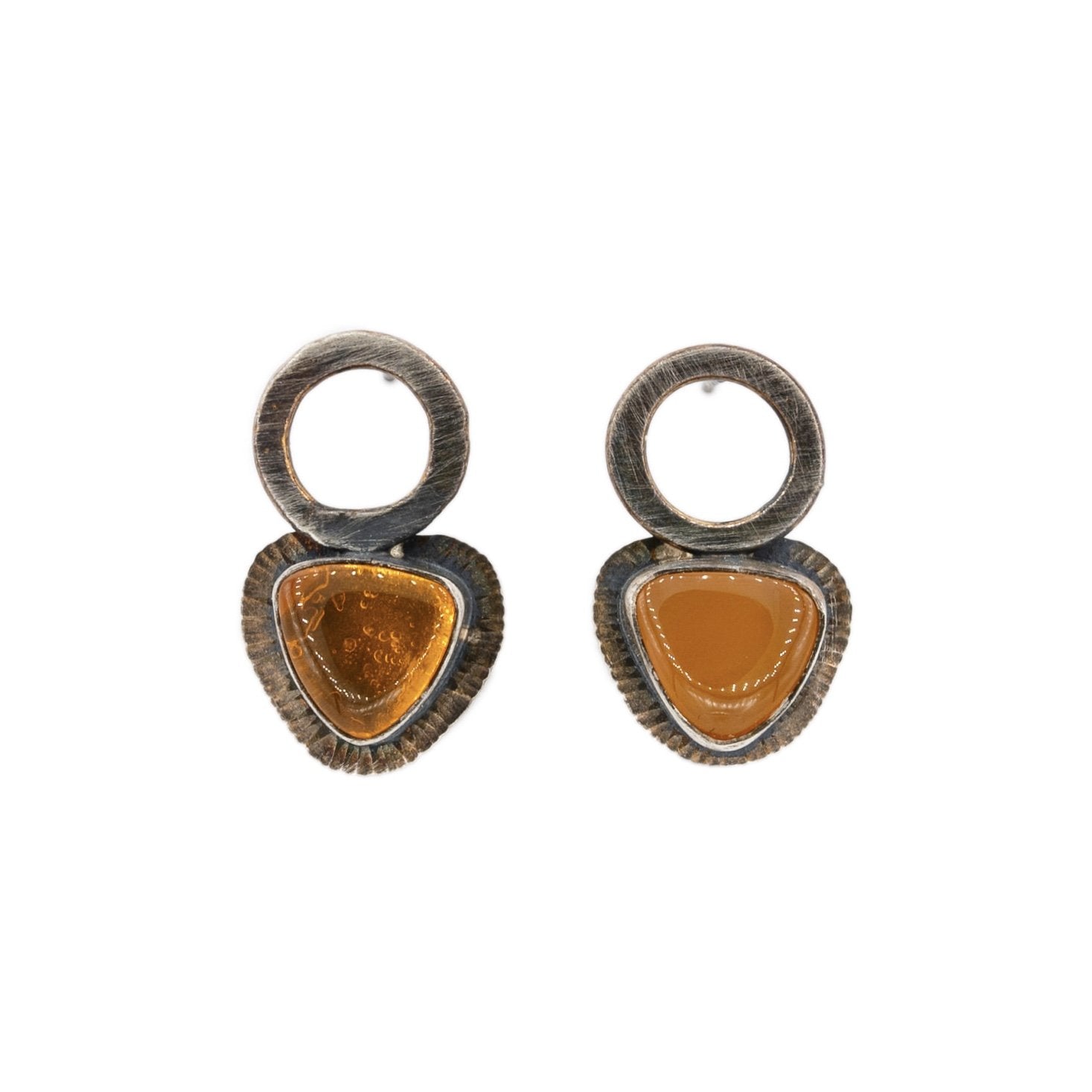 triangle orange Oregon fire opal studs with circle drop in oxidized silver by Original Sin Jewelry Post earrings