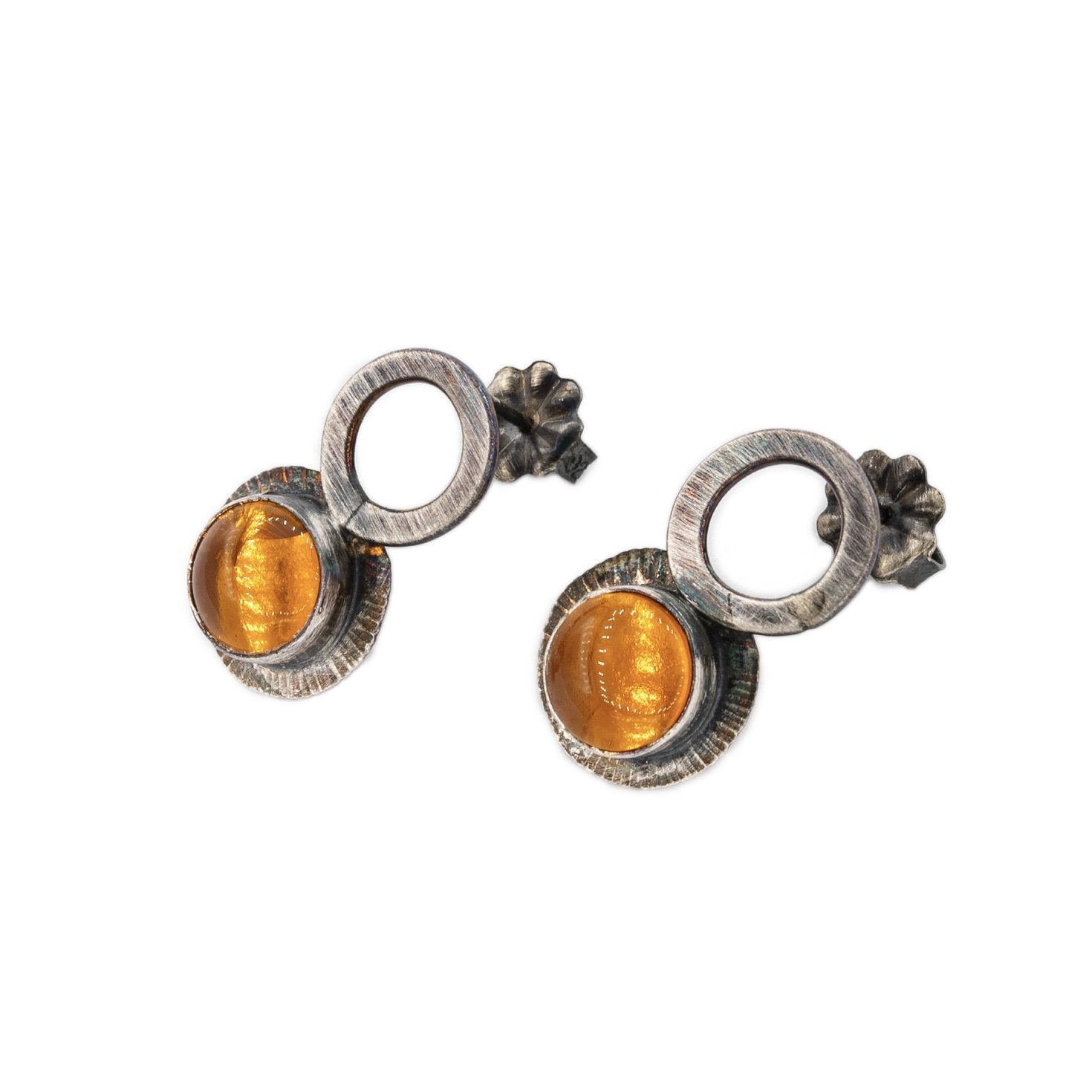 Circle drop oxidized silver fire opal stud post earrings by Original Sin Jewelry