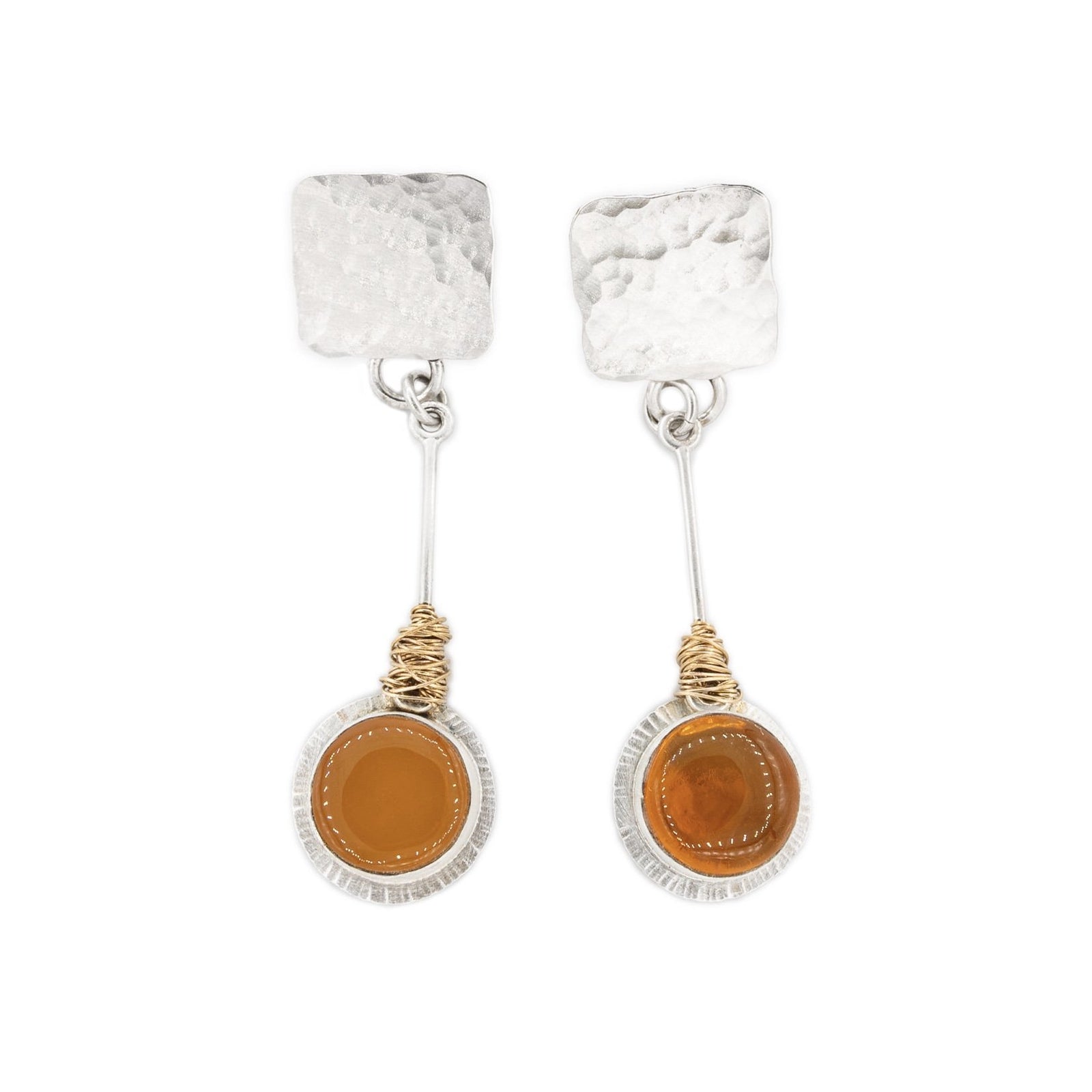 Silver Post Earrings with Fire Opal Dangles in Silver with Gold Mixed Metal Earrings by Original Sin Jewelry