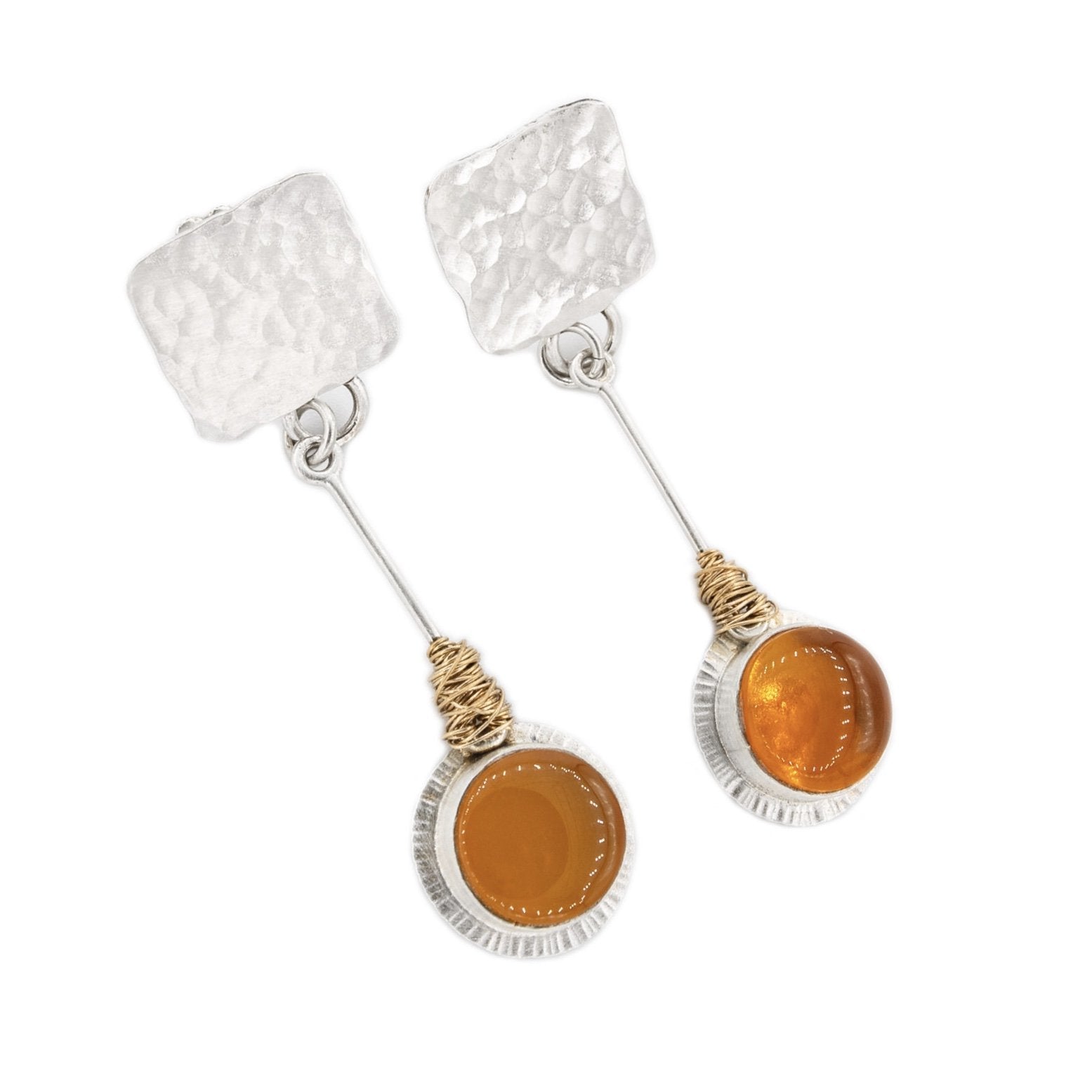 Silver Post Earrings with Fire Opal Dangles in Silver with Gold Mixed Metal Earrings by Original Sin Jewelry