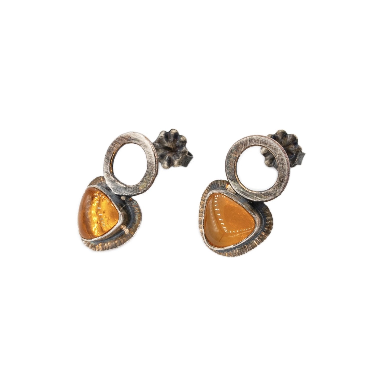 triangle orange Oregon fire opal studs with circle drop in oxidized silver by Original Sin Jewelry Post earrings