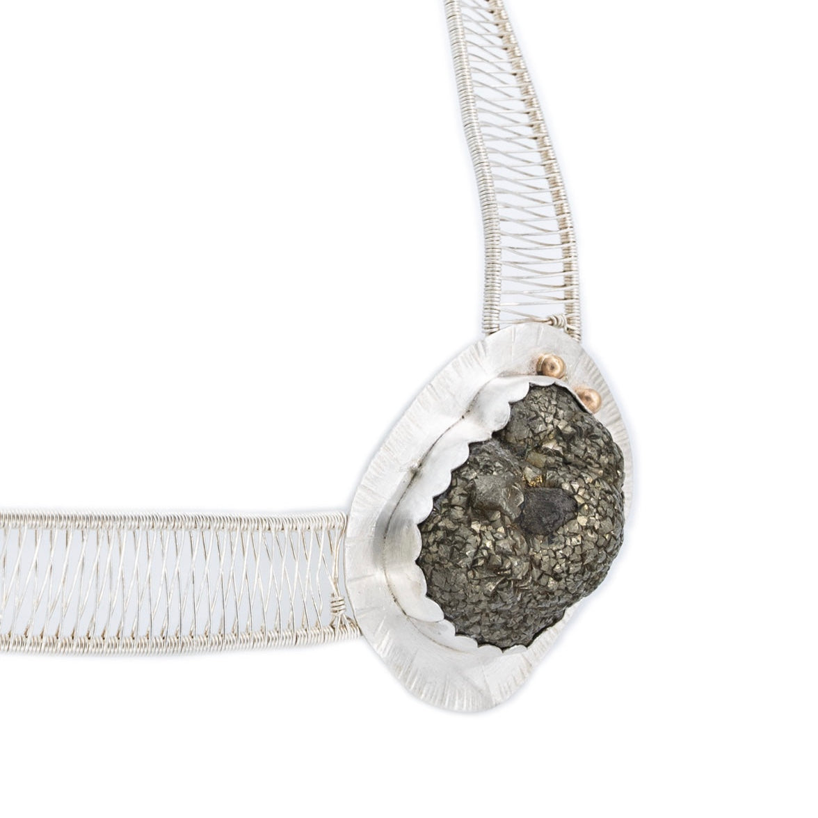 Pyrite and 14k Gold Fine Silver Woven Neck Piece by Original Sin Jewelry in Tucson Arizona Industrial Chic Style Sepia Collection