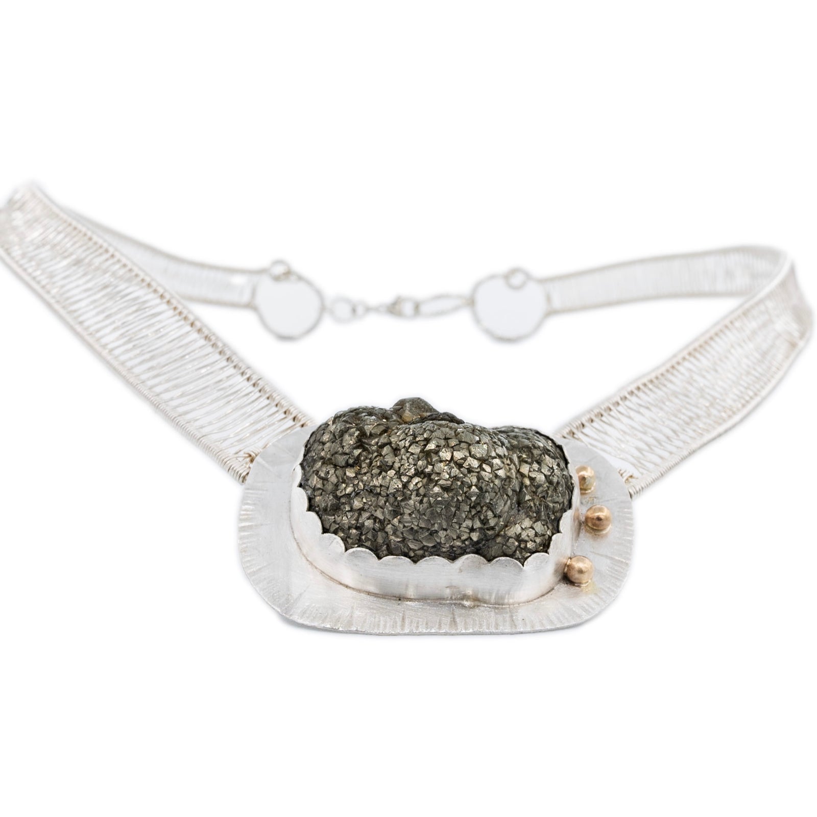 Pyrite and 14k Gold Fine Silver Woven Neck Piece by Original Sin Jewelry in Tucson Arizona Industrial Chic Style Sepia Collection